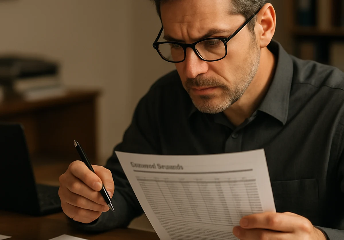 Data analyst at a desk reviewing printed customer records and privacy