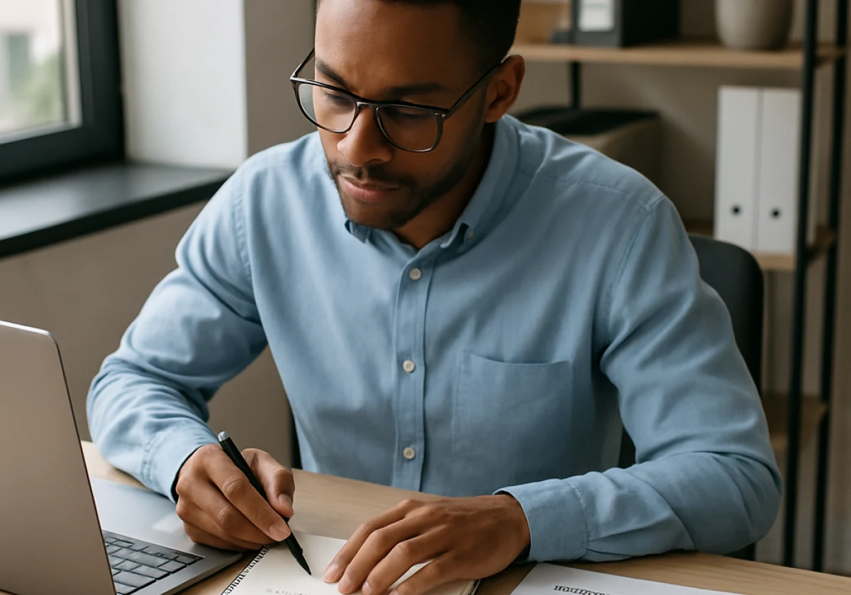 Marketing specialist at a modern office desk with an open laptop
