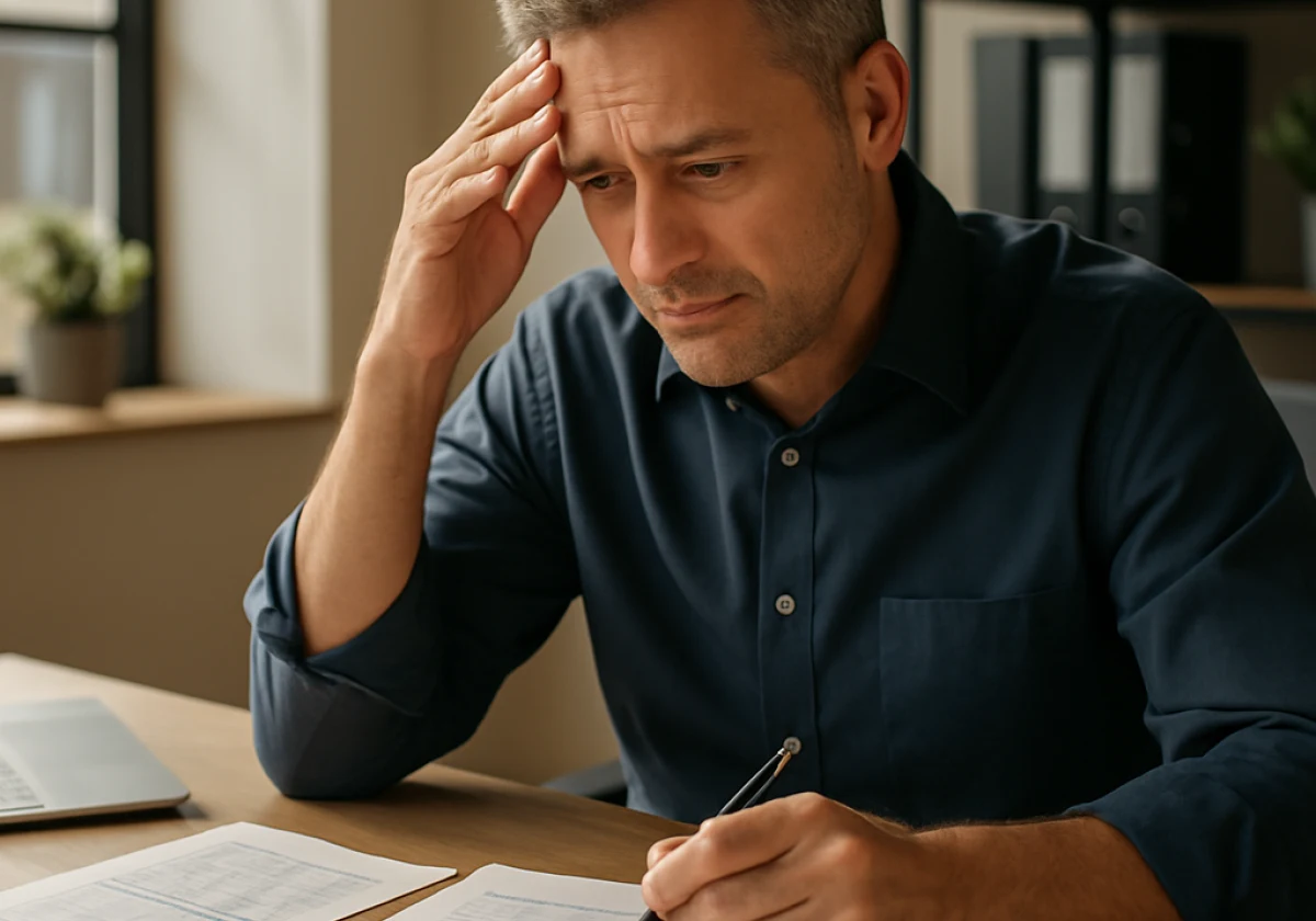 Middle-aged business owner sitting at a wooden desk